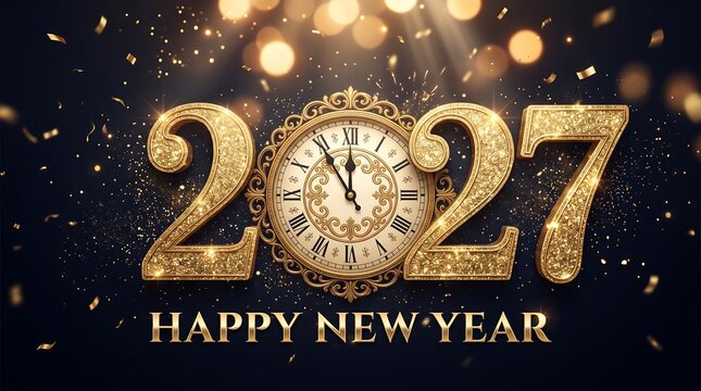 Glittering gold 2027 numbers framed around an ornate vintage clock nearing midnight with Happy New Year text and falling confetti.