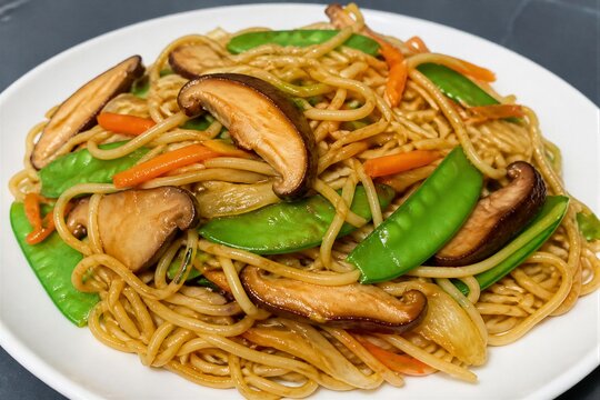 Golden noodles twirl with veggies and mushrooms. Bright green peas contrast with orange carrots and earthy shiitake. Served on a clean white plate, the dish looks fresh and savory