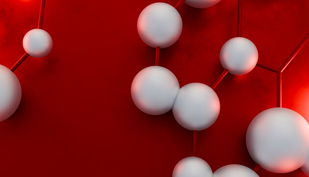3d molecule model with white atoms connected by chemical bonds on red