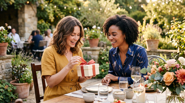 Happy female friends exchanging a gift outdoors lifestyle photography with a celebratory mood