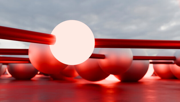 Close-up 3d rendering of molecular model with glowing spheres and red