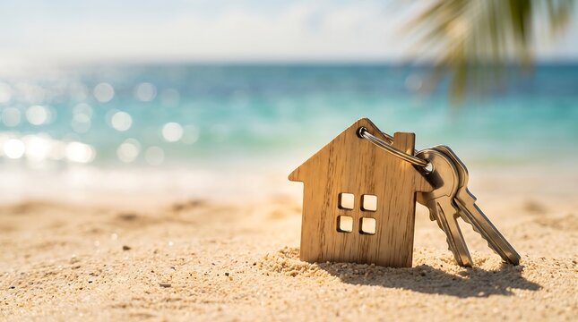 Small wooden house model and metal keys placed on sandy beach with sparkling blue ocean and clear sky in background, vacation rental concept.