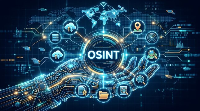 Open source intelligence OSINT concept with artificial intelligence hand, digital network, data investigation, and cyber research