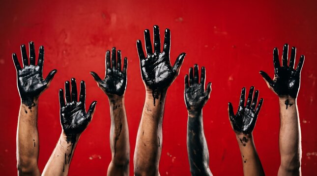 Multiple raised hands covered in glossy black paint reaching upward against a vibrant, textured red background.