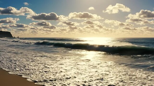 Ocean Sunrise Splendor: A breathtaking sunrise paints the sky with vibrant hues over a tranquil ocean, with gentle waves lapping at a sandy shore and dramatic clouds dotting the horizon.