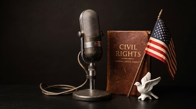 Vintage microphone beside a Civil Rights book, American flag, and white peace dove figurine against a dark background.