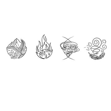 Minimalist black line art illustration set of four natural elements Earth, Fire, Water, and Air with symbols isolated on white background.