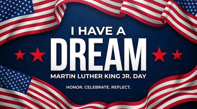 Martin Luther King Jr. Day banner featuring I Have a Dream text framed by waving American flags and stars on a textured blue background.