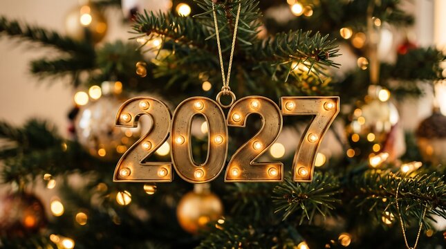 Vintage illuminated 2027 marquee number sign hanging as a glowing ornament on a cozy, softly lit Christmas tree.
