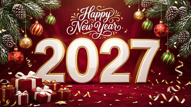 Festive 3D 2027 Happy New Year composition with gold-trimmed numbers, wrapped gift boxes, hanging baubles, and pine branches on red.