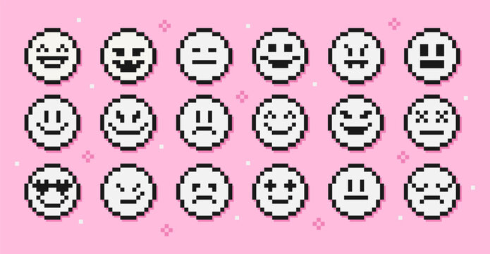 A set of pixelated emotions. 8-bit stickers of happy, angry, sad, and smiling emoji. Brutalism design, y2k aesthetics