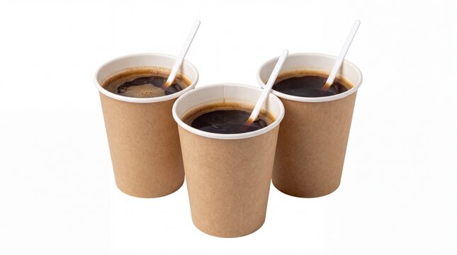Three paper coffee cups containing hot dark roasted beverage with plastic stirrers standing in a triangular arrangement on white background