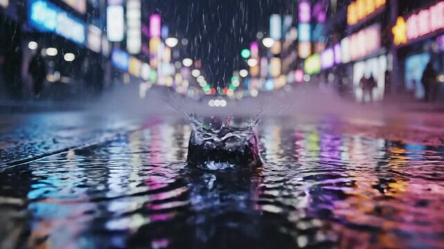 Rainy Night in Neon City: A droplet creates a ripple in a puddle on a rain-slicked street, reflecting the vibrant neon lights of a bustling city at night. Captures the moody.
