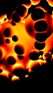 Glowing orange and black spheres float