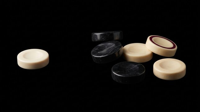 Black and white checkers pieces scattered on board