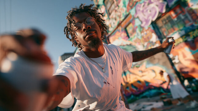 Young Black Artist Spray Painting Graffiti Outdoors