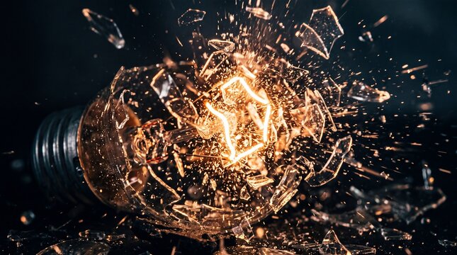 Exploding Light Bulb with Glowing Filament and Shattered Glass