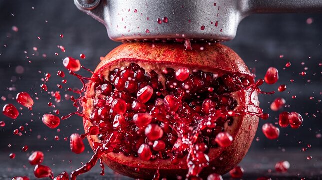 Fresh Pomegranate Crushed with Juice Splashing in Motion