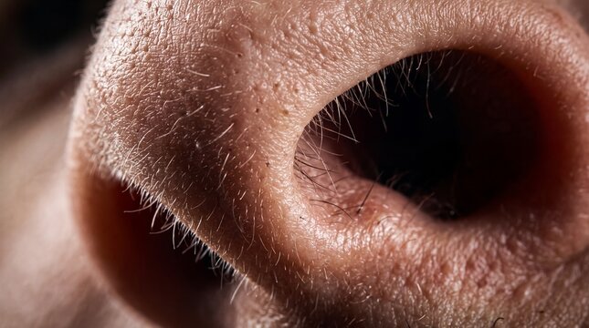 Macro View of Human Nose Showing Nostril and Pores