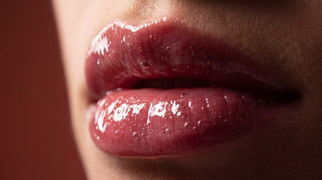 Close-up of Woman Plump Lips with Glossy Makeup