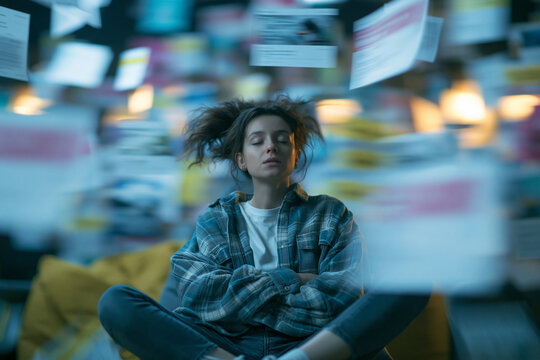 Overwhelmed Young Woman Sitting Amid Flying Papers and Stress