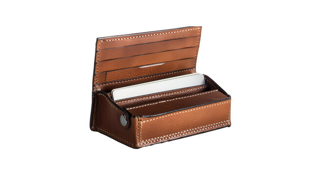 Brown leather business card holder open display with stitching shown open on transparent background