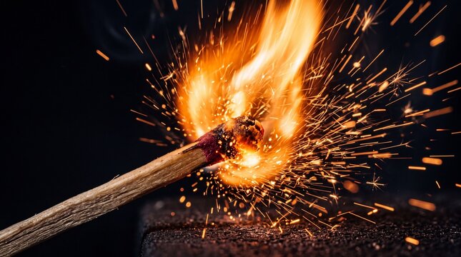 Match Igniting with Sparks and Flame Close-up