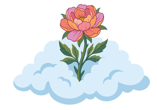 A vibrant peony blooms on a fluffy cloud, symbolizing hope and growth. Soft colors and a dreamy composition create a visually appealing design.
