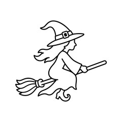 Fototapeta premium Witch flying on broomstick line art for halloween theme celebrations.