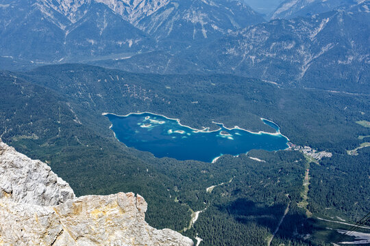 Aerial View of Turquoise Eibsee Lake and Alpine Mountains from Zugspitze Summit