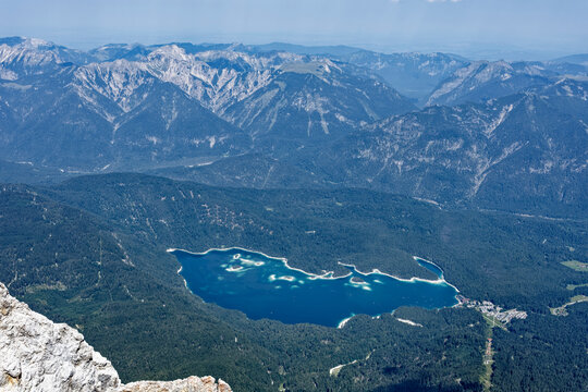 Aerial View of Turquoise Eibsee Lake and Alpine Mountains from Zugspitze Summit