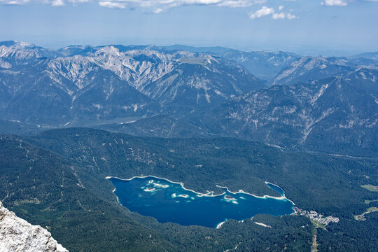 Aerial View of Turquoise Eibsee Lake and Alpine Mountains from Zugspitze Summit
