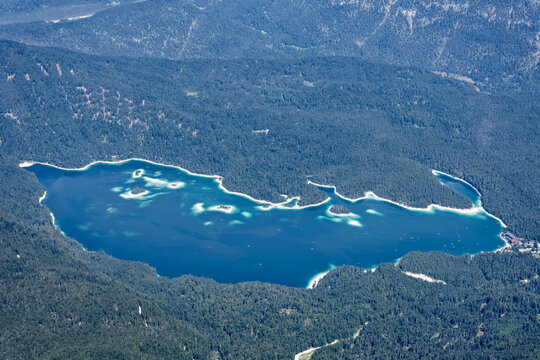 Aerial View of Turquoise Eibsee Lake and Alpine Mountains from Zugspitze Summit