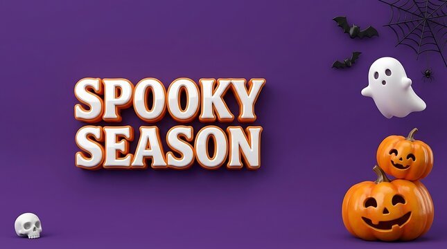 Spooky season typography banner with ghost pumpkins and bats on purple