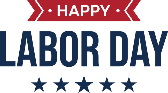 Happy labor day vector graphic illustration featuring bold typography with a decorative red ribbon and blue stars for holiday celebration