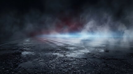 Naklejka premium Dramatic empty asphalt road with wet pavement and glowing blue lights in foggy nighttime atmosphere for cinematic backgrounds
