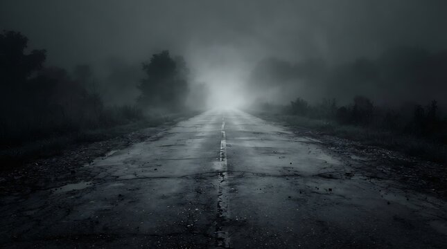 Dark and ominous country road disappearing into thick fog with a mysterious light at the end in grayscale