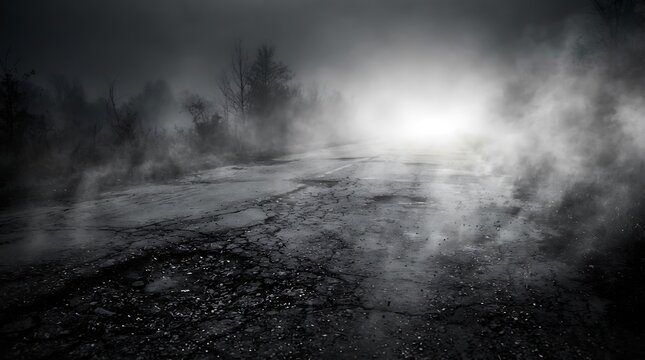 Eerie abandoned asphalt road disappearing into dense fog and bright light creating a mysterious and unsettling atmosphere in grayscale