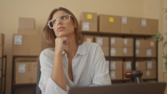 Woman resting chin on hand with pen by laptop and stacked shipping boxes in a building; thoughtful planning.