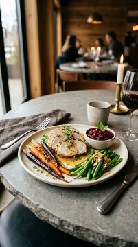 Roasted turkey dinner plate served in restaurant during thanksgiving day