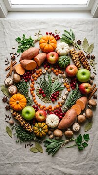 Flat lay of thanksgiving day harvest ingredients arranged in a circle on linen