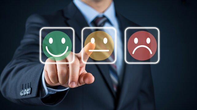 Businessman pointing at customer feedback rating icons with smiley and neutral faces satisfaction survey customer service smiley face rating system