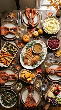 Overhead view of a traditional thanksgiving day feast with roasted turkey
