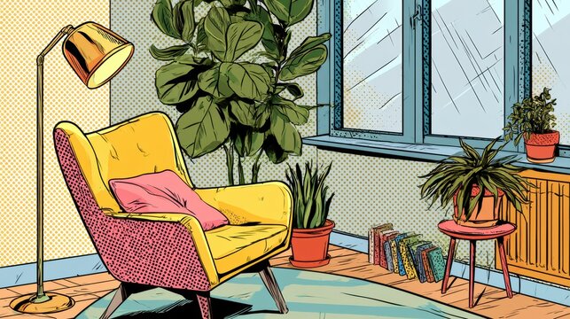 A bright nook features a yellow chair and plants. The walls have a retro style. Books are near the window. A lamp adds light to the space.