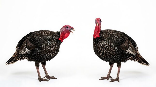 Thanksgiving day concept with two adult turkeys standing against a background