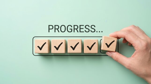 A hand placing a wooden block with a checkmark to complete a progress bar task.