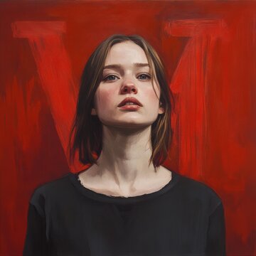 A young woman with brown hair, wearing a black shirt, looks forward against a vibrant red background with abstract brushstrokes. AI.