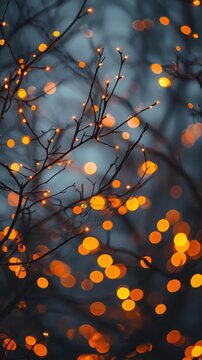 Bare branches adorned with small orange lights, set against a dark, blurry background creating a bokeh effect. AI.