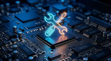 Fototapeta premium Wrench and screwdriver icon displayed on a computer circuit board for technology repair.