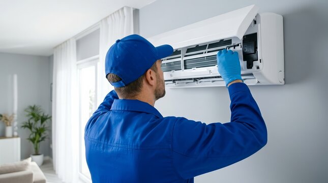 Professional air conditioning technician repairing an AC unit indoors.